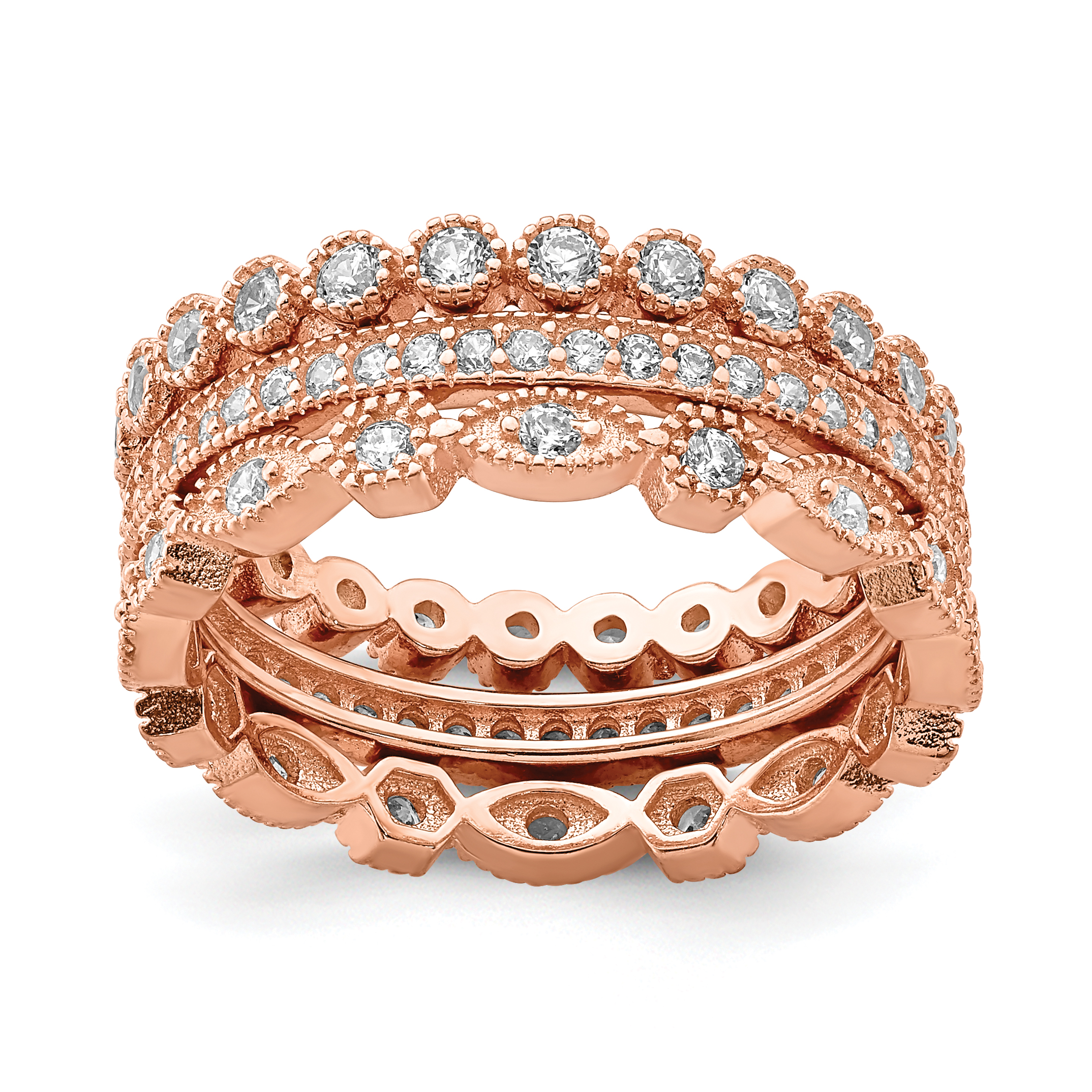 Sterling Silver Rose-tone CZ Set of 3 Eternity Rings (QR7114-6)