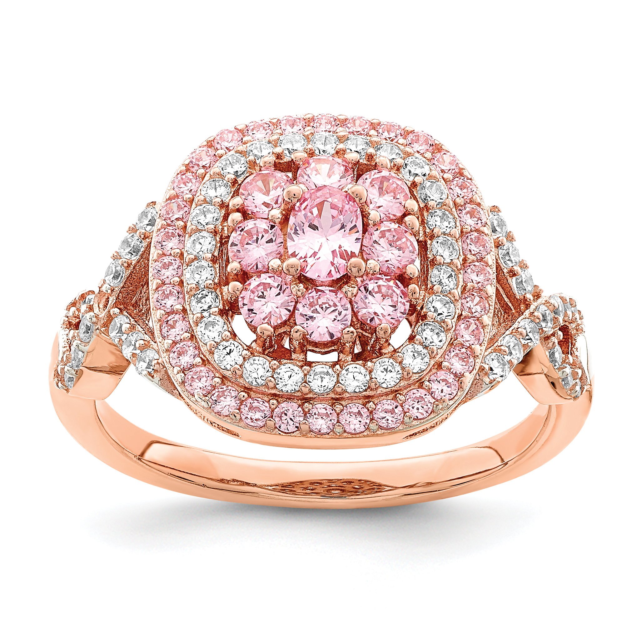 Sterling Silver Rose-plated Pink and White CZ Cushion Ring (QR7124-6)