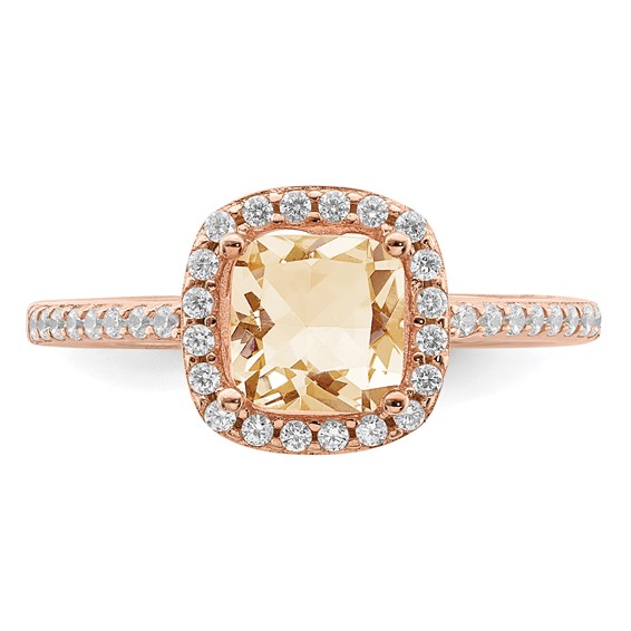 Sterling Silver Rose-tone Square Peach CZ Halo Ring