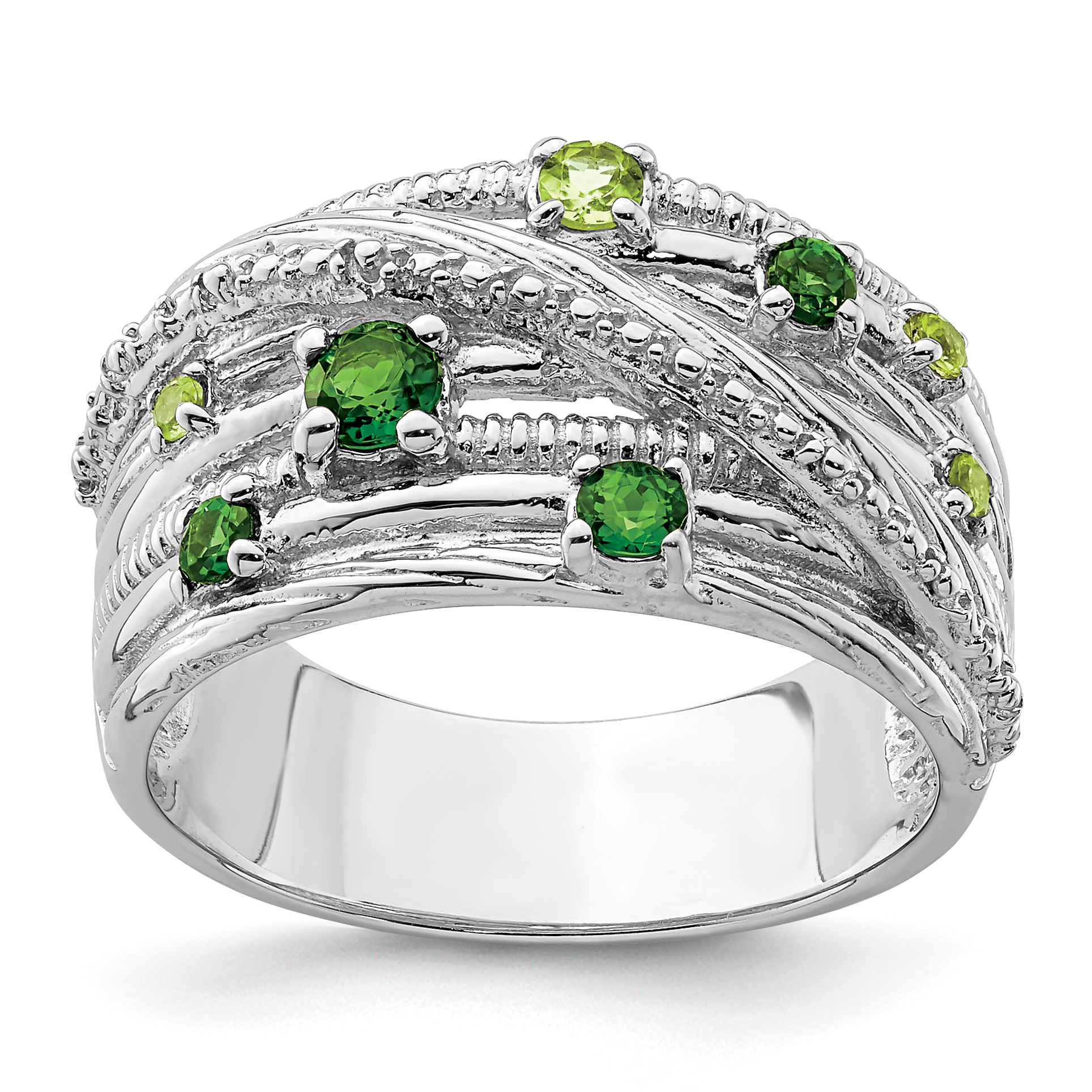 Sterling Silver Rhodium-plated Chrome Diopside and Peridot Ring (QR7132-7)
