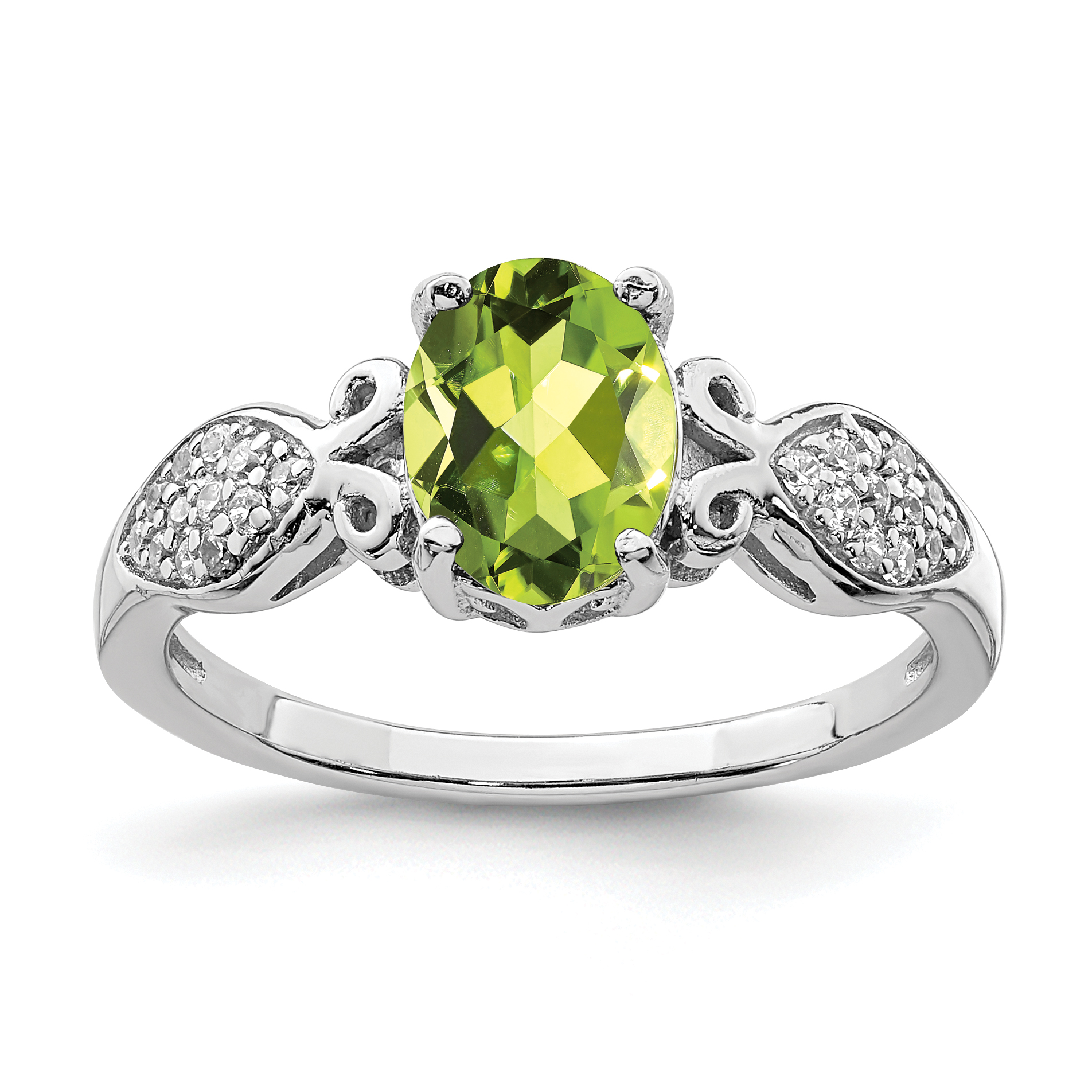 Sterling Silver Rhod-plated Polished Peridot and White CZ Ring (QR7135-6)