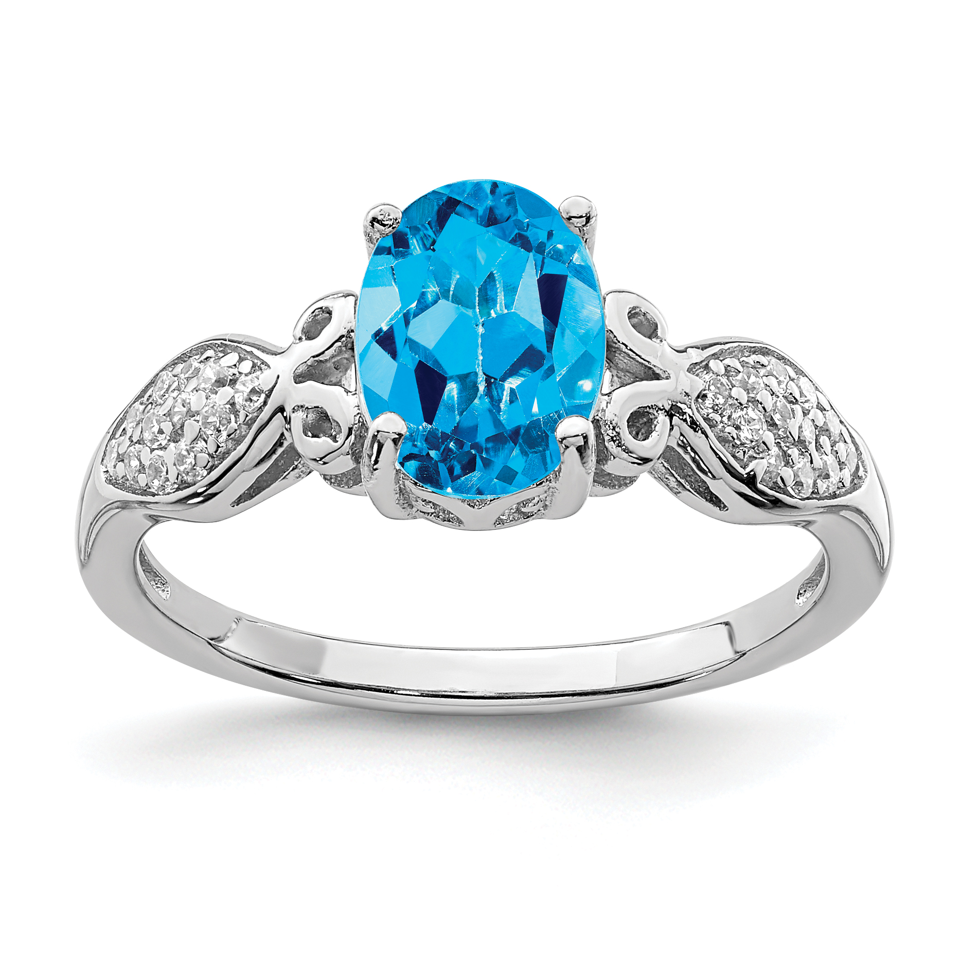 Sterling Silver Rhod-plated Polished Blue Topaz and White CZ Ring (QR7136-8)