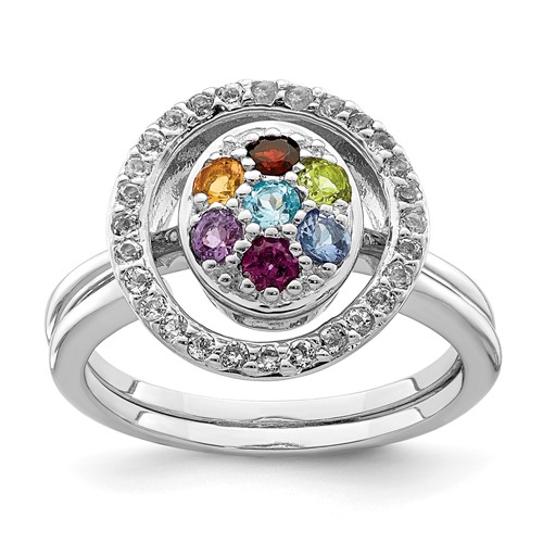 Sterling Silver Rhodium-plated Multi-gemstone with Halo 2 Ring Set