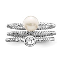 Sterling Silver Rhod-plat 6-7mm White Button Fwc Pearl CZ Set of 3 Ring view 5