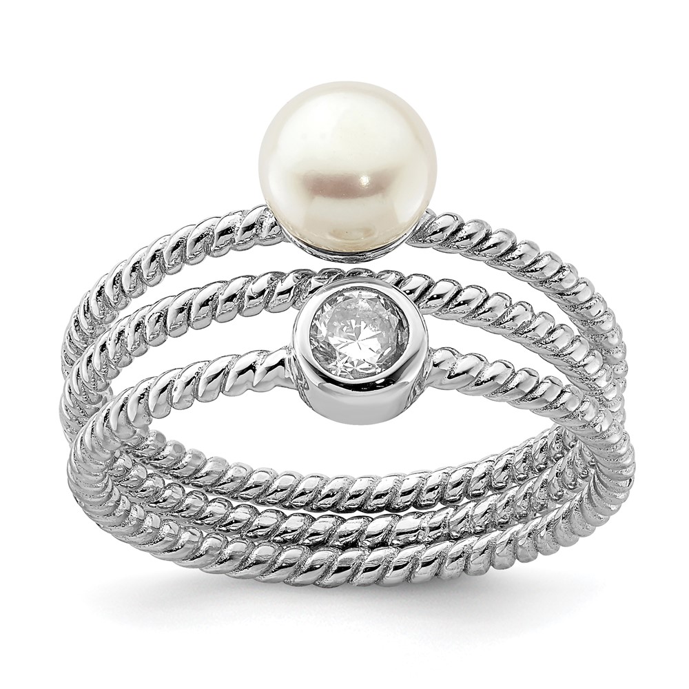 Sterling Silver Rhod-plat 6-7mm White Button Fwc Pearl CZ Set of 3 Ring