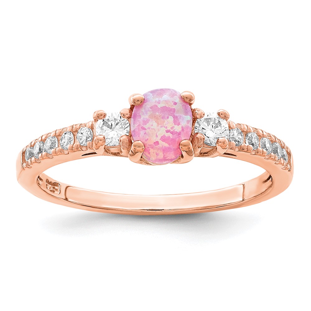 Sterling Silver Rose-tone Created Pink Opal and CZ Ring (QR7146-6)
