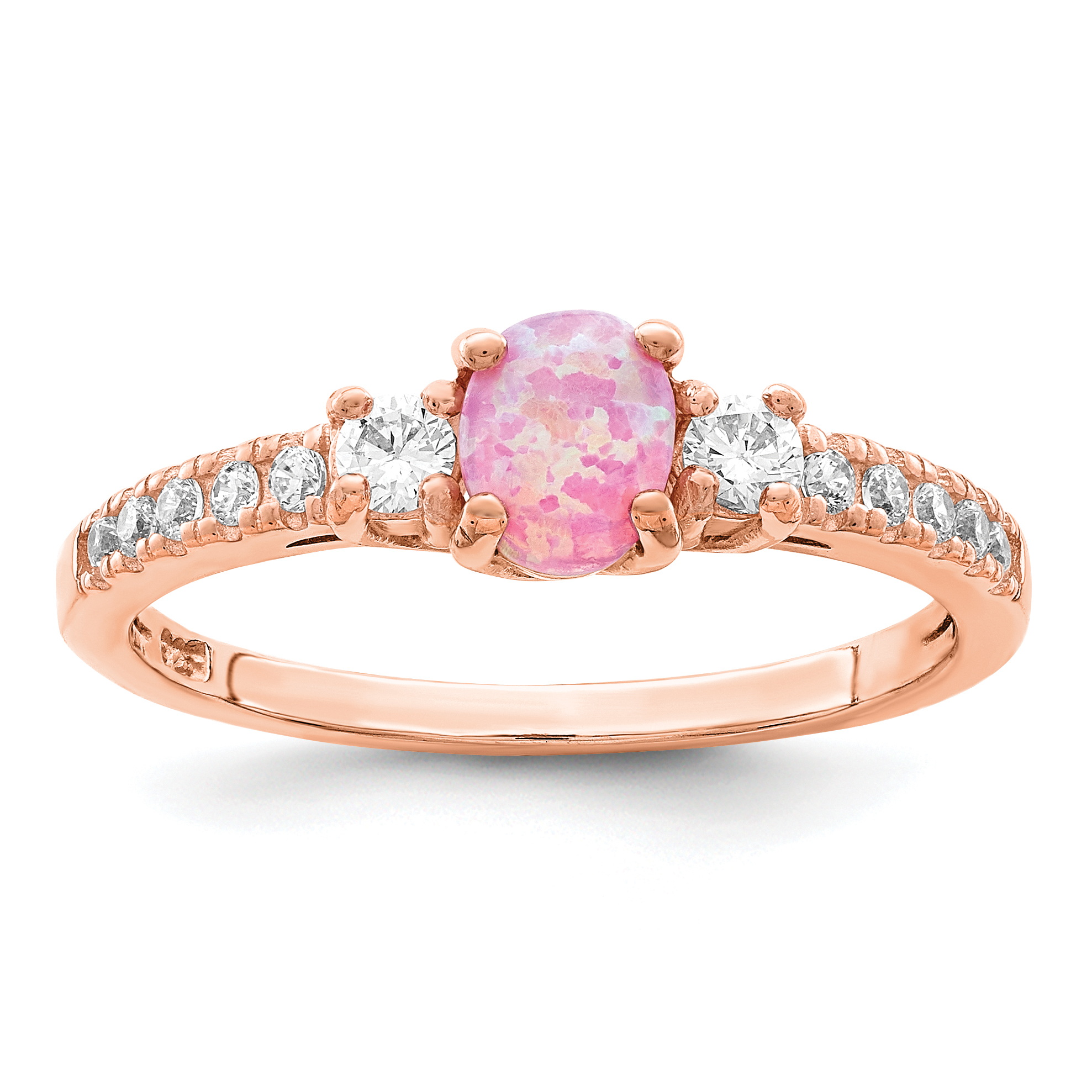 Sterling Silver Rose-tone Created Pink Opal and CZ Ring (QR7146-7)