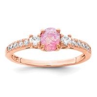 Sterling Silver Rose-tone Created Pink Opal and CZ Ring view 1