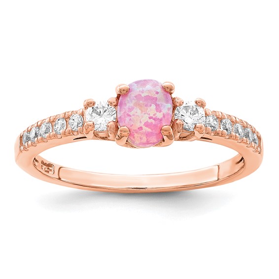 Sterling Silver Rose-tone Created Pink Opal and CZ Ring