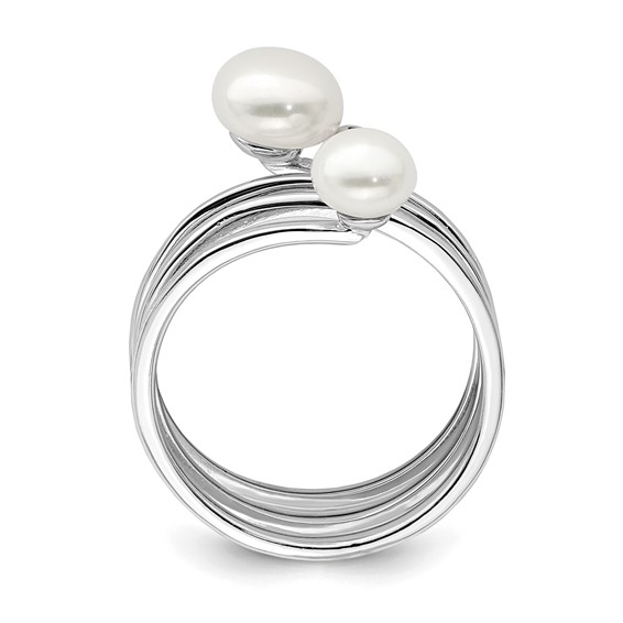 Sterling Silver Rhodium-plated 5-7mm White Button Freshwater Cultured Pearl and CZ Adjustable Ring