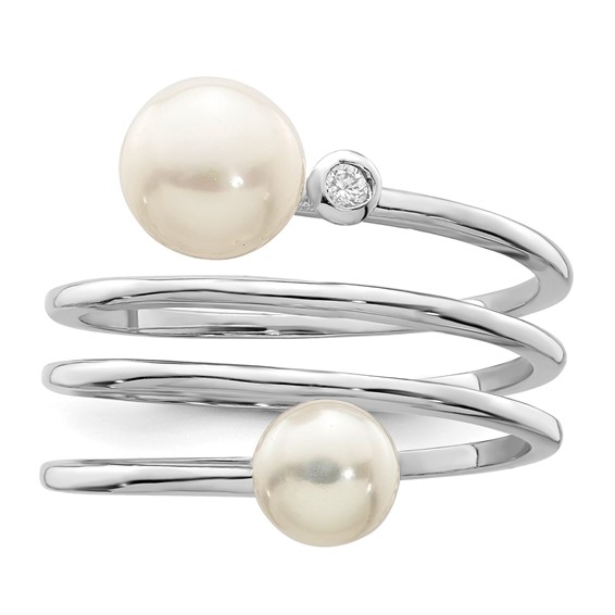 Sterling Silver Rhodium-plated 5-7mm White Button Freshwater Cultured Pearl and CZ Adjustable Ring