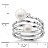 Sterling Silver Rhodium-plated 5-7mm White Button Freshwater Cultured Pearl and CZ Adjustable Ring view 4