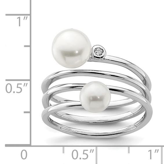 Sterling Silver Rhodium-plated 5-7mm White Button Freshwater Cultured Pearl and CZ Adjustable Ring