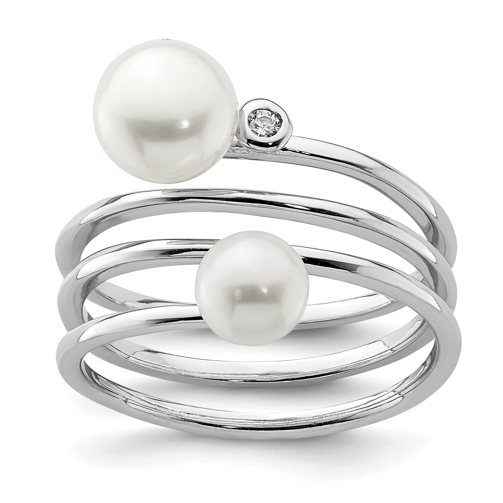Sterling Silver Rhodium-plated 5-7mm White Button Freshwater Cultured Pearl and CZ Adjustable Ring (QR7158)
