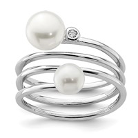Sterling Silver Rhodium-plated 5-7mm White Button Freshwater Cultured Pearl and CZ Adjustable Ring view 1