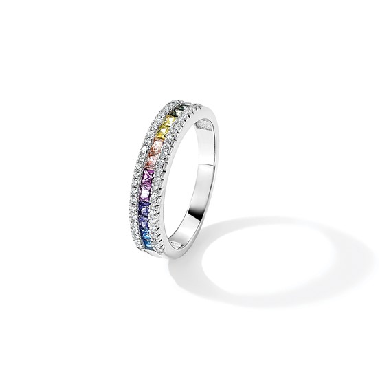 Prizma Sterling Silver Rhodium-plated Princess White and Colorful Channel-Set CZ Ring