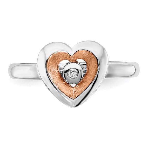 Sterling Silver RH-plated Rose Gold-plated Polished Satin Diamond Heart Rin