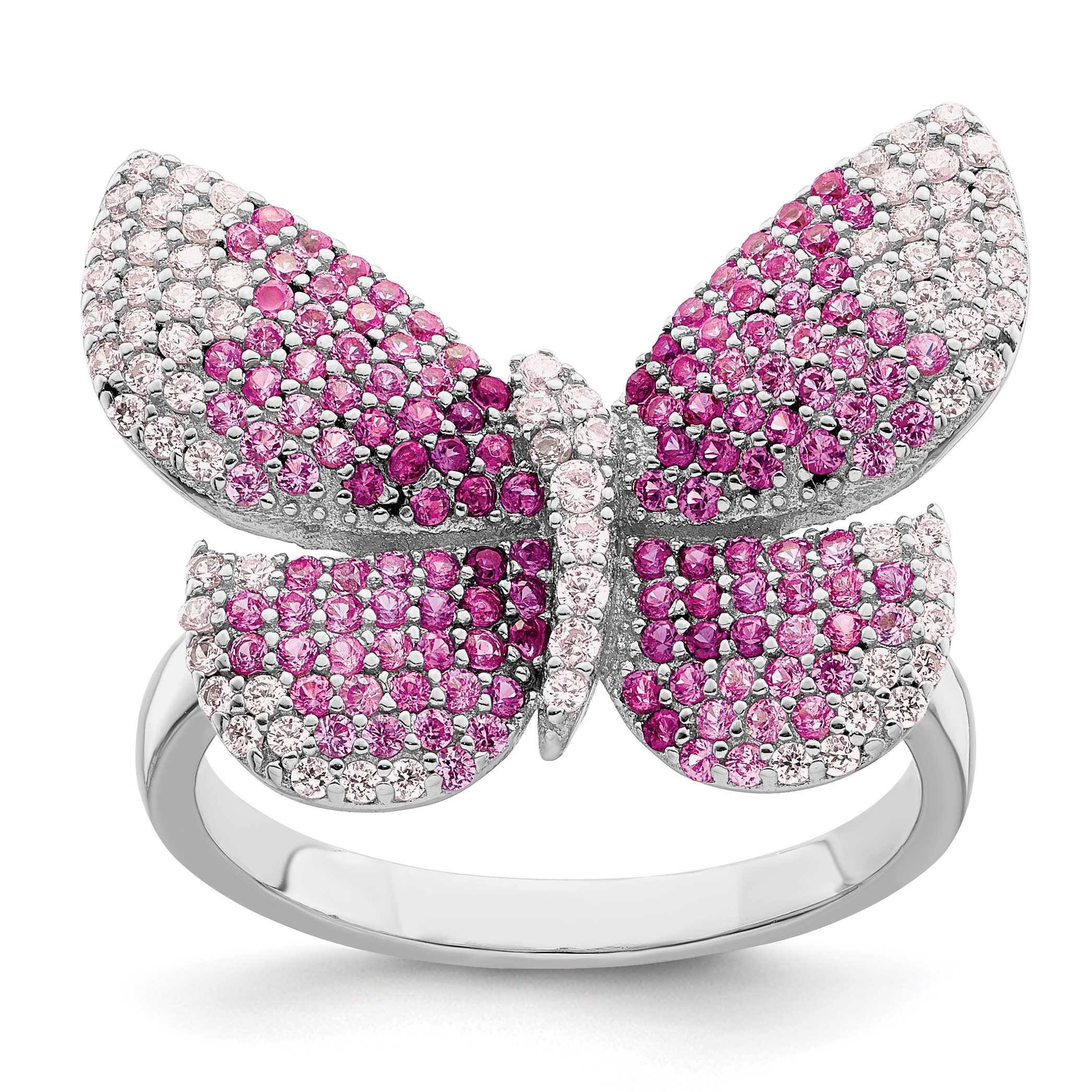 Sterling Silver Rhodium-plated Polished Pink CZ Butterfly Ring (QR7201-8)