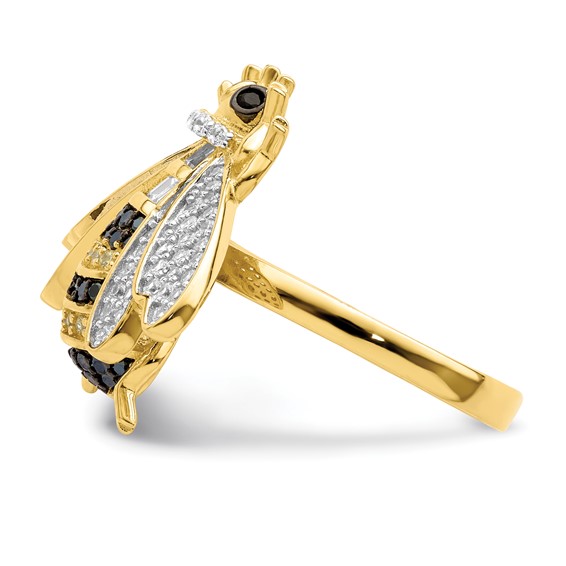 Sterling Silver Blk/White RH-plated Gold-tone CZ Bumblebee Ring