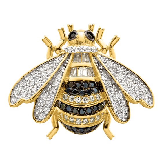 Sterling Silver Blk/White RH-plated Gold-tone CZ Bumblebee Ring