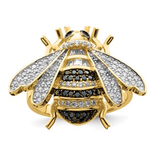 Sterling Silver Blk/White RH-plated Gold-tone CZ Bumblebee Ring