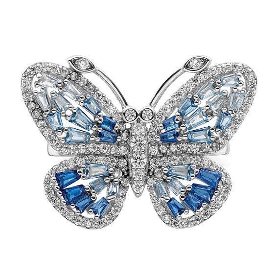 Sterling Silver Rhodium-plated Polished Blue & White CZ Butterfly Ring
