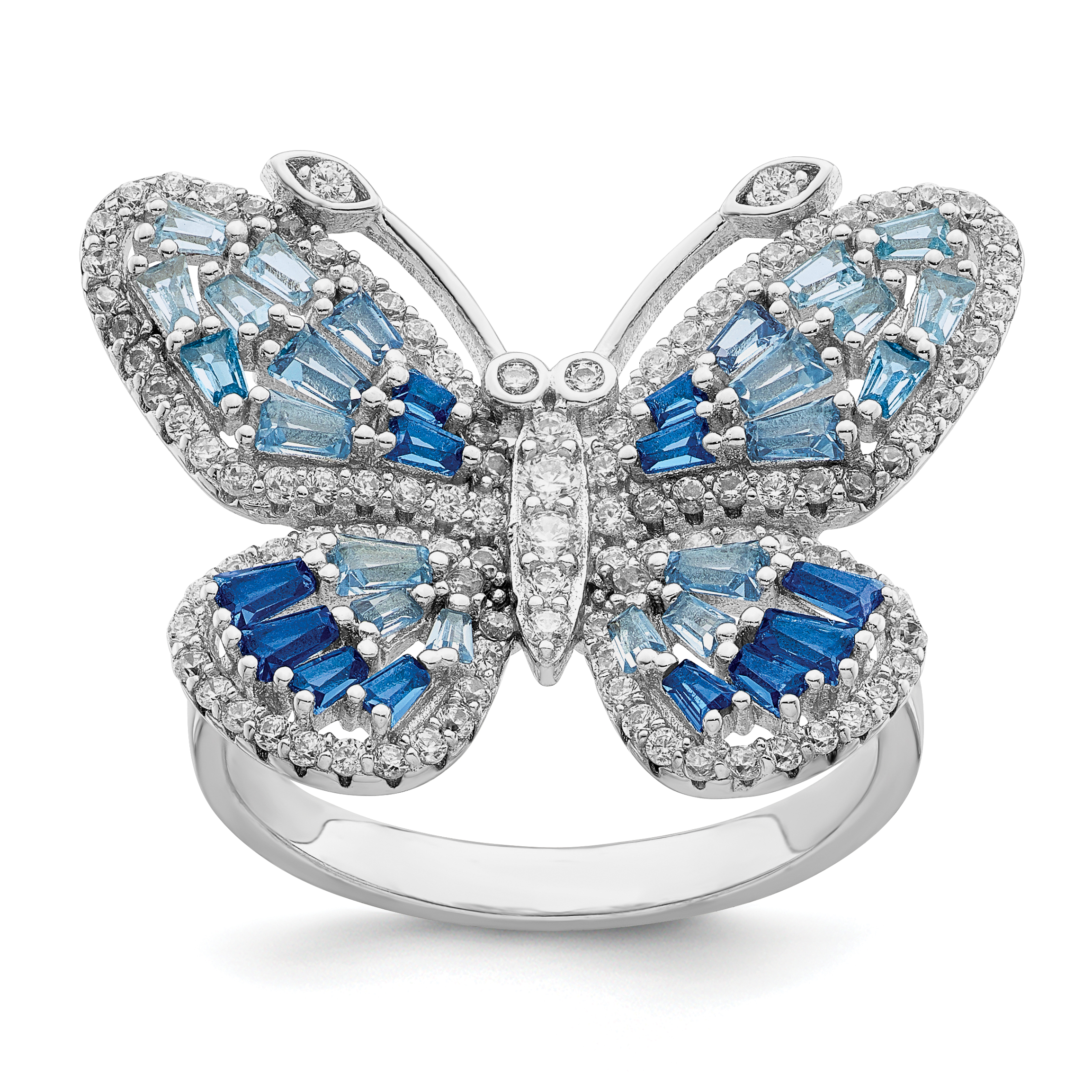 Sterling Silver Rhodium-plated Polished Blue & White CZ Butterfly Ring (QR7203-6)