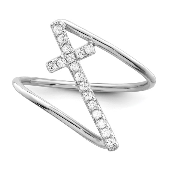 Sterling Silver Rhodium-plated Polished CZ Cross Ring