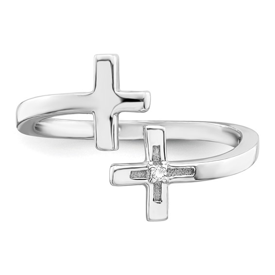 Sterling Silver Rhodium-plated CZ Double Cross Adjustable Ring