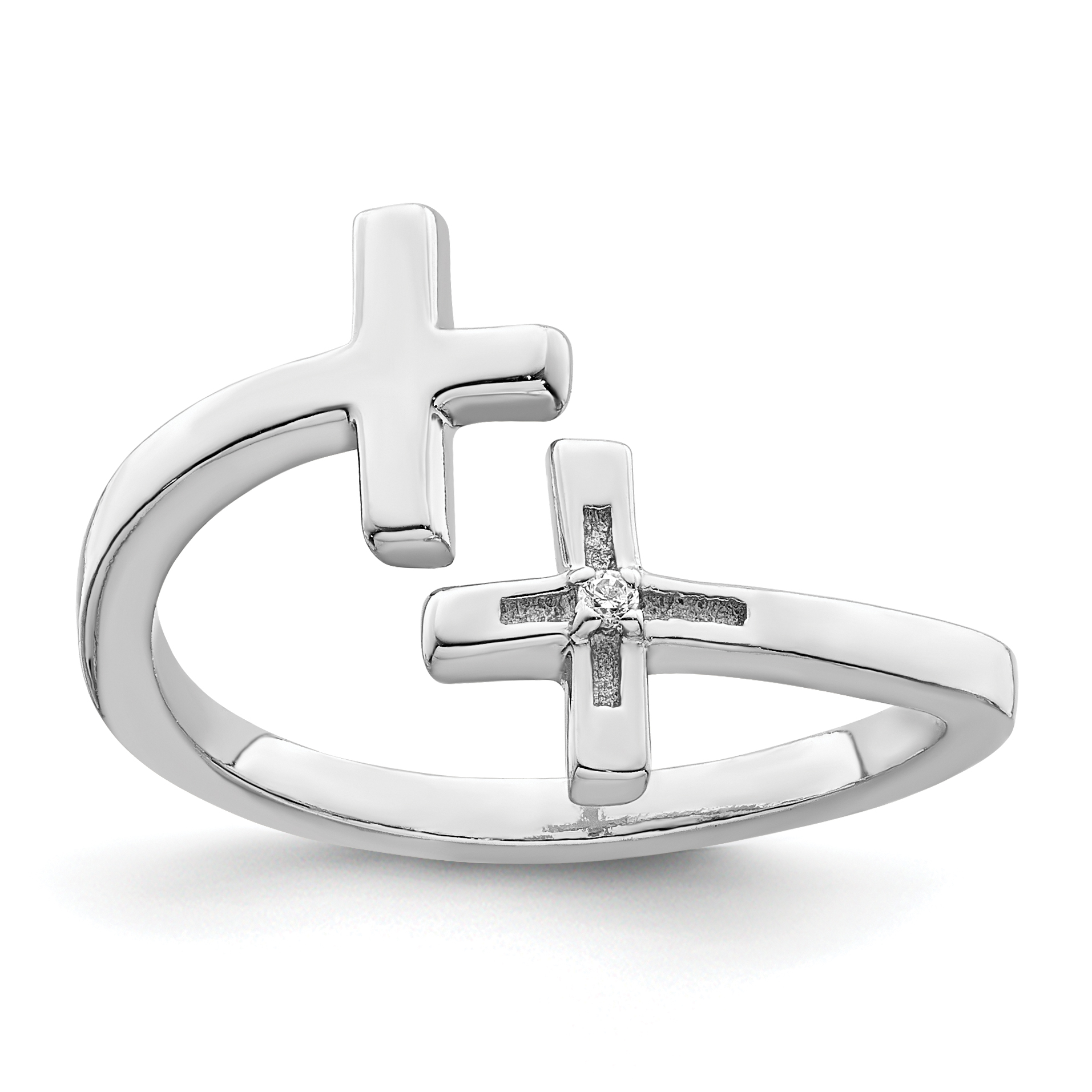 Sterling Silver Rhodium-plated CZ Double Cross Adjustable Ring (QR7207)
