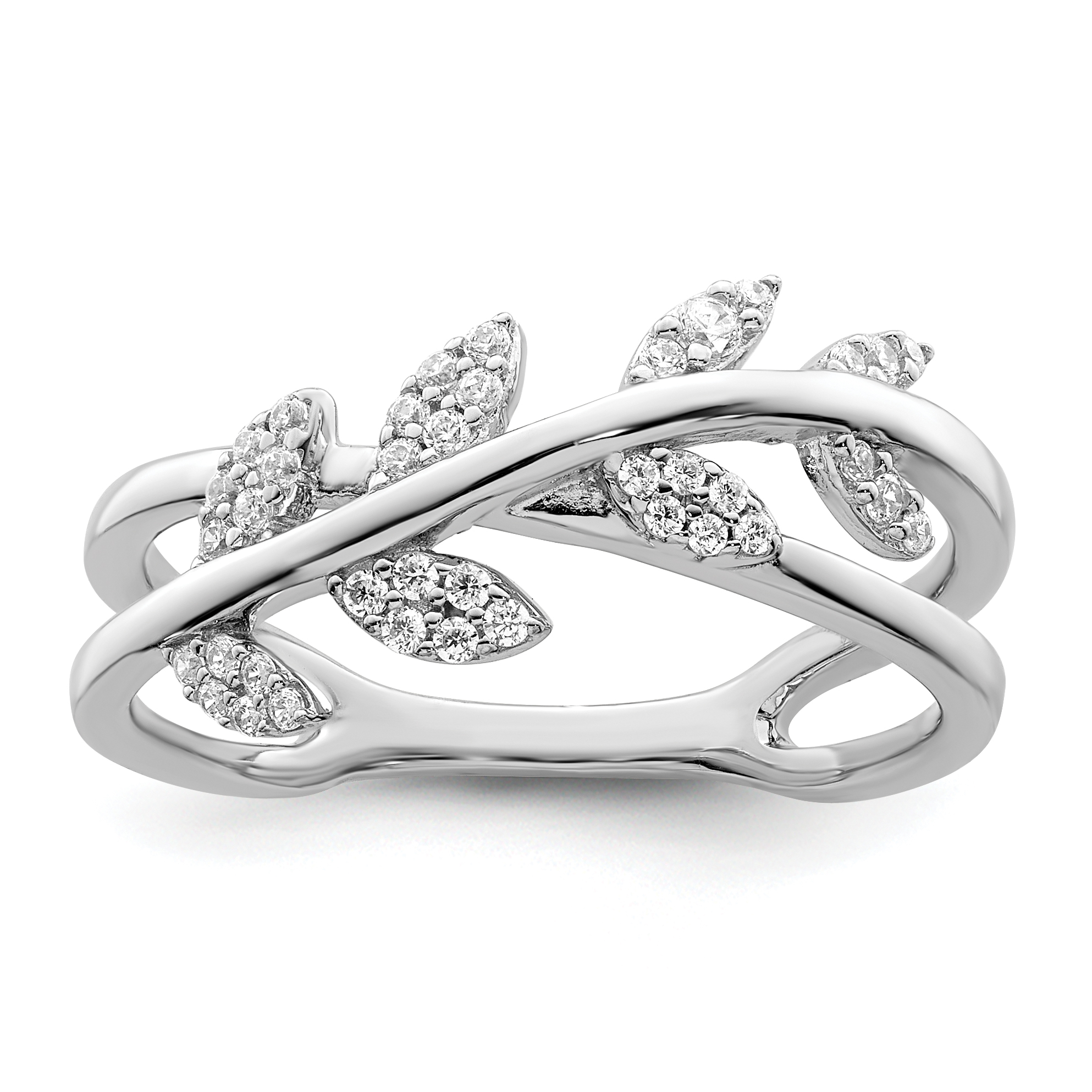 Sterling Silver Rhodium plated CZ Leaves Ring (QR7216-6)