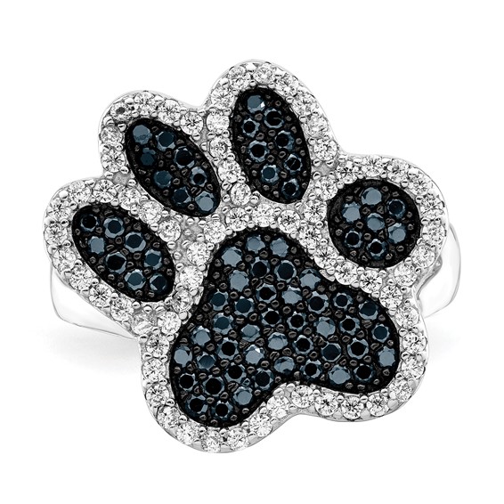Sterling Silver Rhodium-plated Polished CZ Paw Print Ring