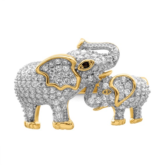 Sterling Silver Rhodium-plated Gold-tone Mom & Baby CZ Elephants Ring