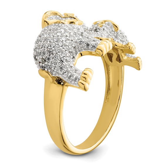 Sterling Silver Rhodium-plated Gold-tone Mom & Baby CZ Elephants Ring