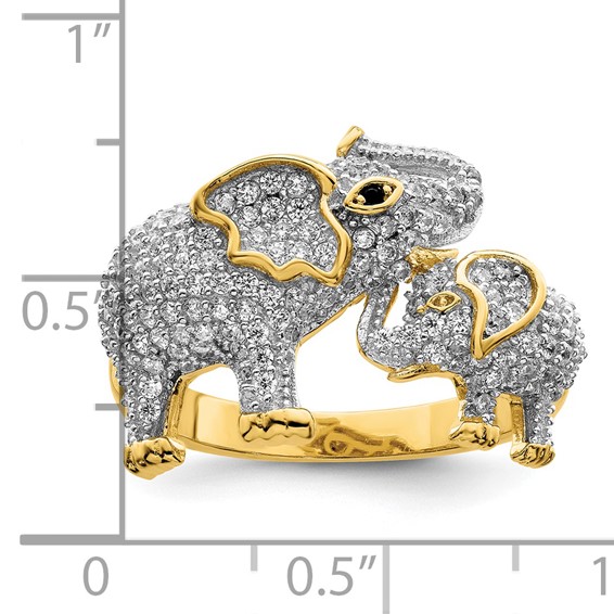 Sterling Silver Rhodium-plated Gold-tone Mom & Baby CZ Elephants Ring