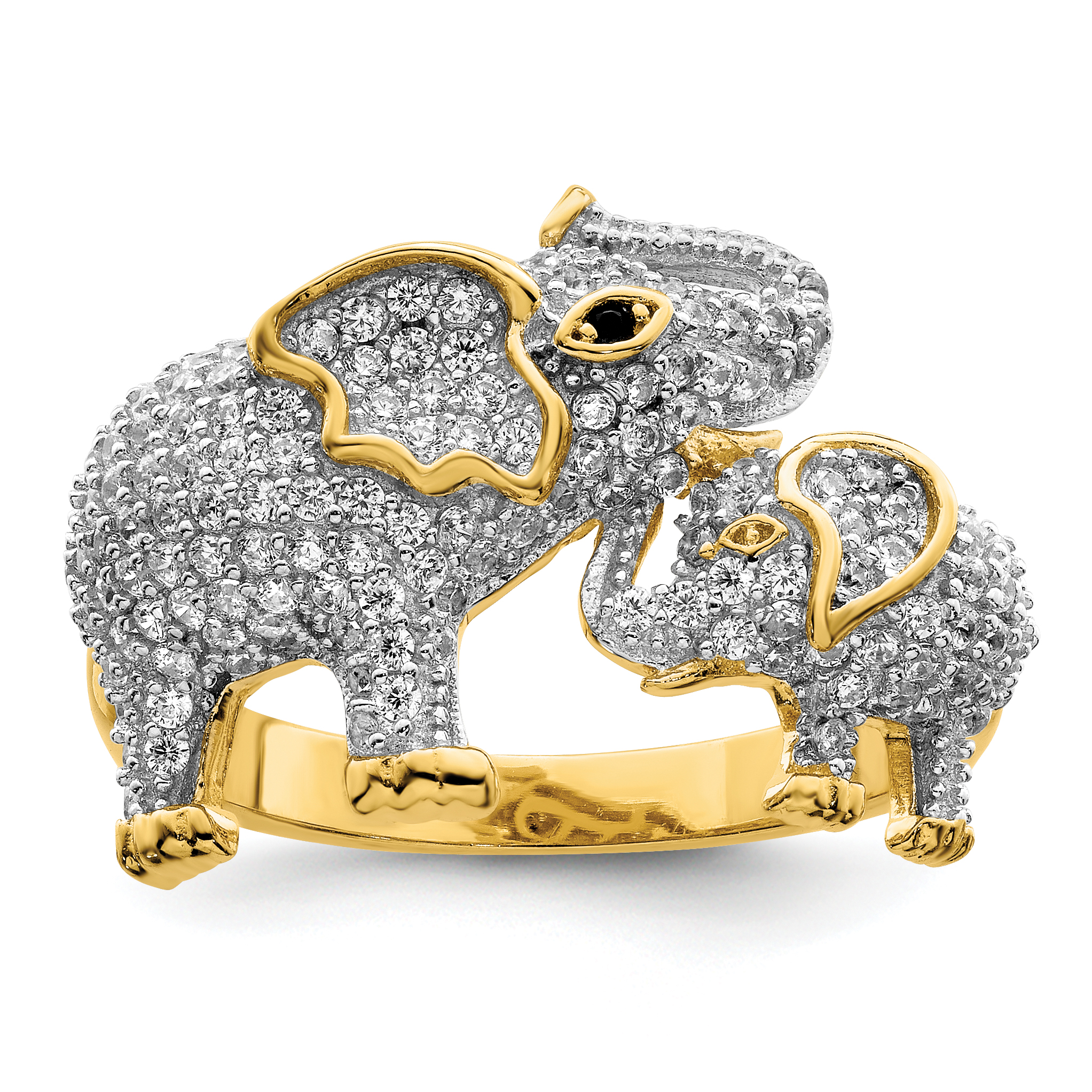 Sterling Silver Rhodium-plated Gold Tone Mom & Baby CZ Elephants Ring (QR7223-6)