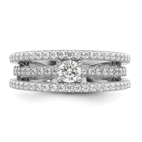Sterling Silver Rhodium-plated CZ 3 Row Ring