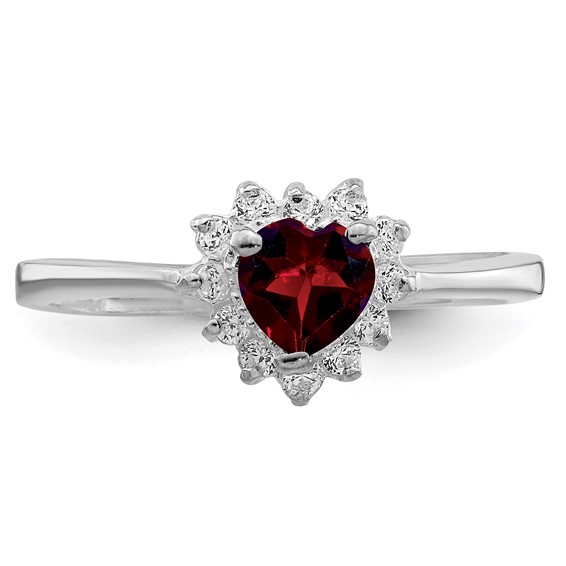 Sterling Silver Rhodium-plated Garnet & CZ Heart Ring