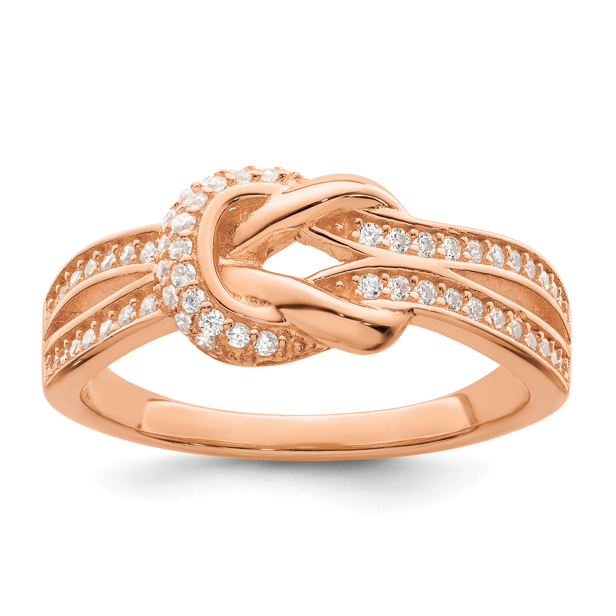 Sterling Silver Polished Rose-tone CZ Knot Ring (QR7272-6)