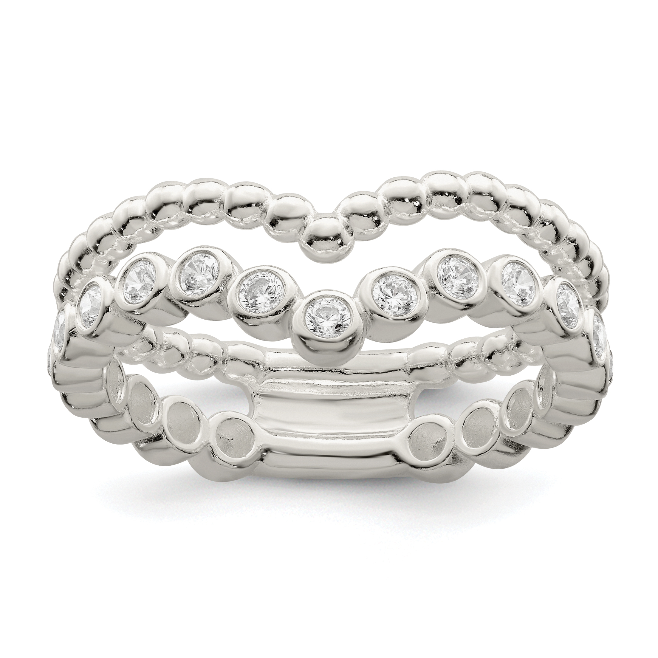 Sterling Silver Polished CZ Beaded Double Fancy Ring (QR7281-6)