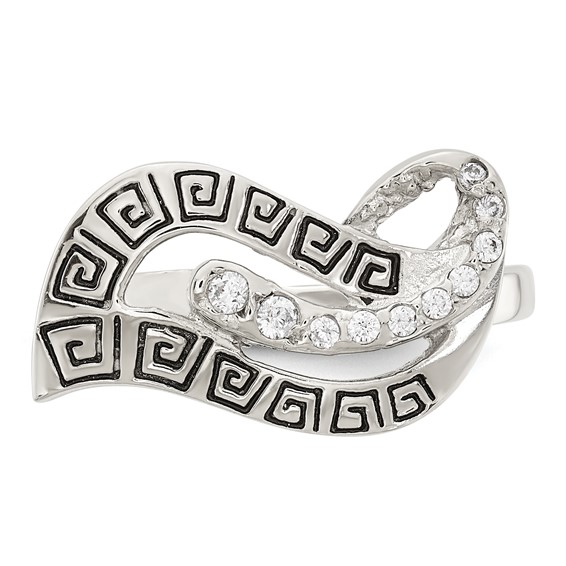 Sterling Silver Polished CZ Enameled Greek Key Ring