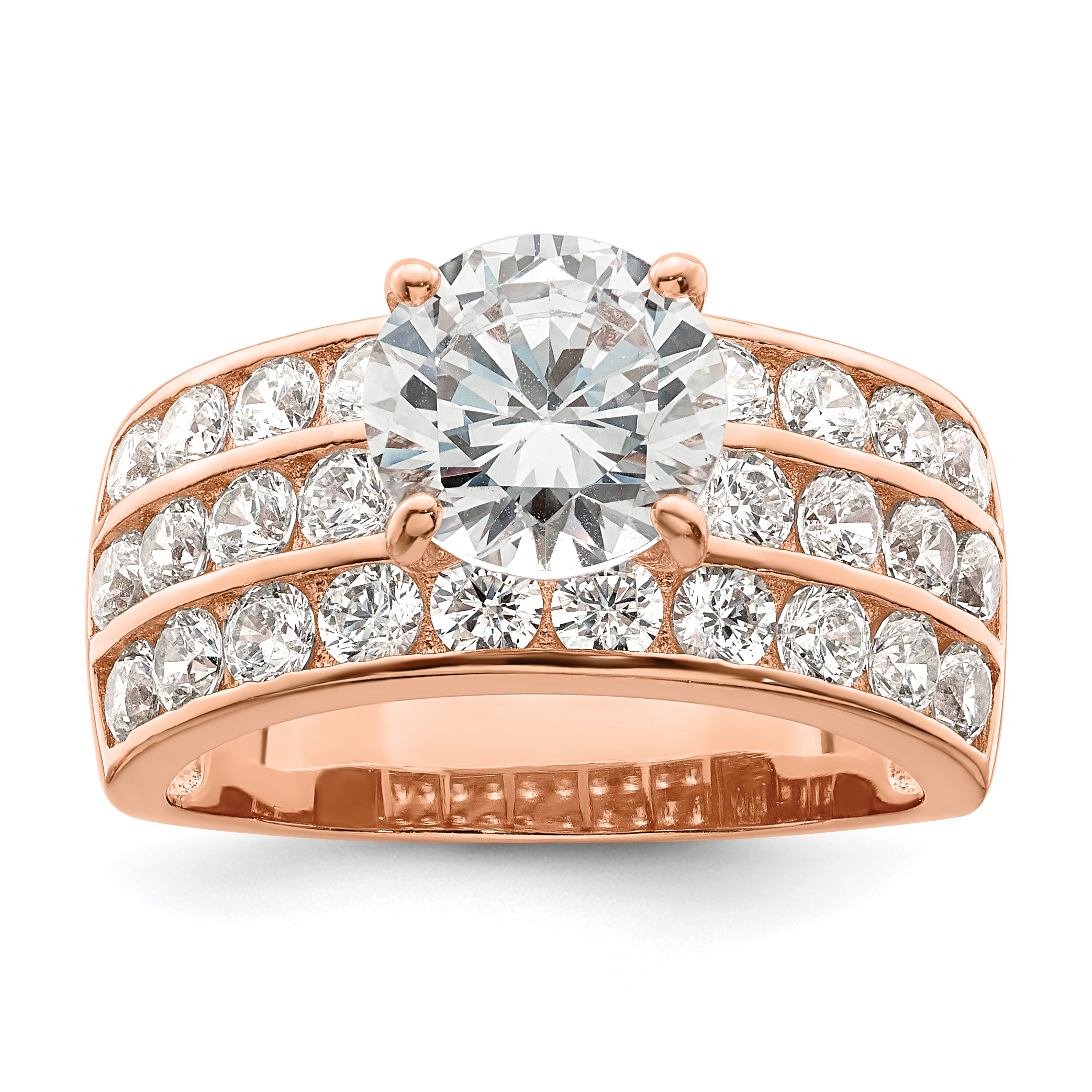 Sterling Silver Polished Rose-tone 3 Row CZ Ring (QR7284-7)