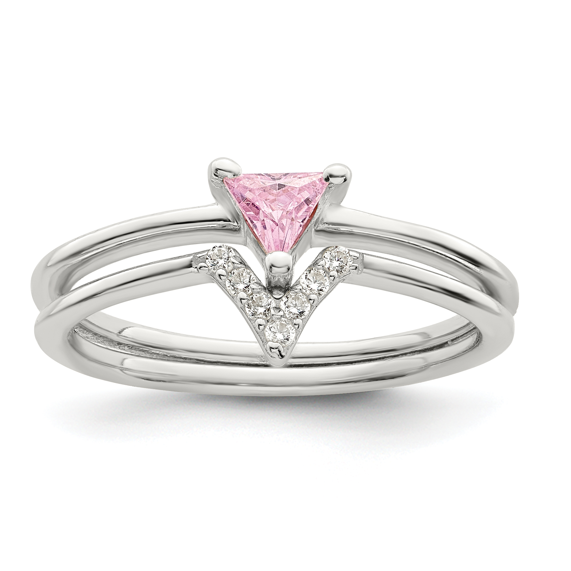Sterling Silver Pink Trillion CZ and White CZ Ring Set (QR7288-8)