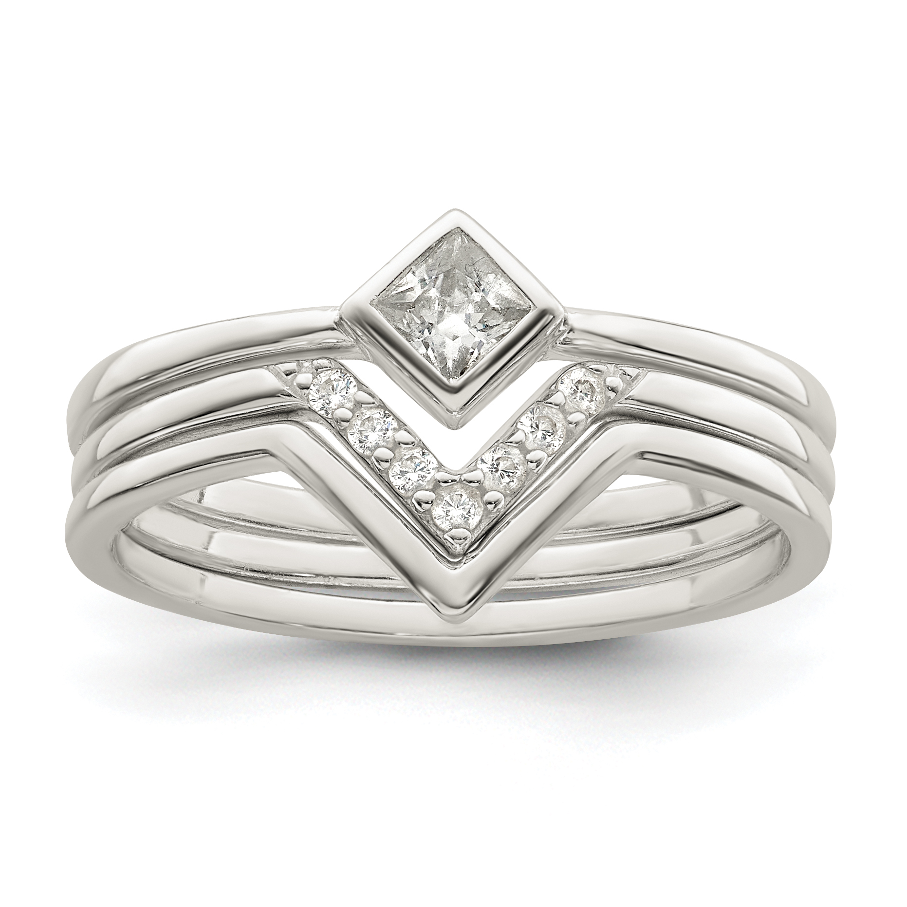 Sterling Silver Polished Square CZ 3 Ring Set (QR7289-6)