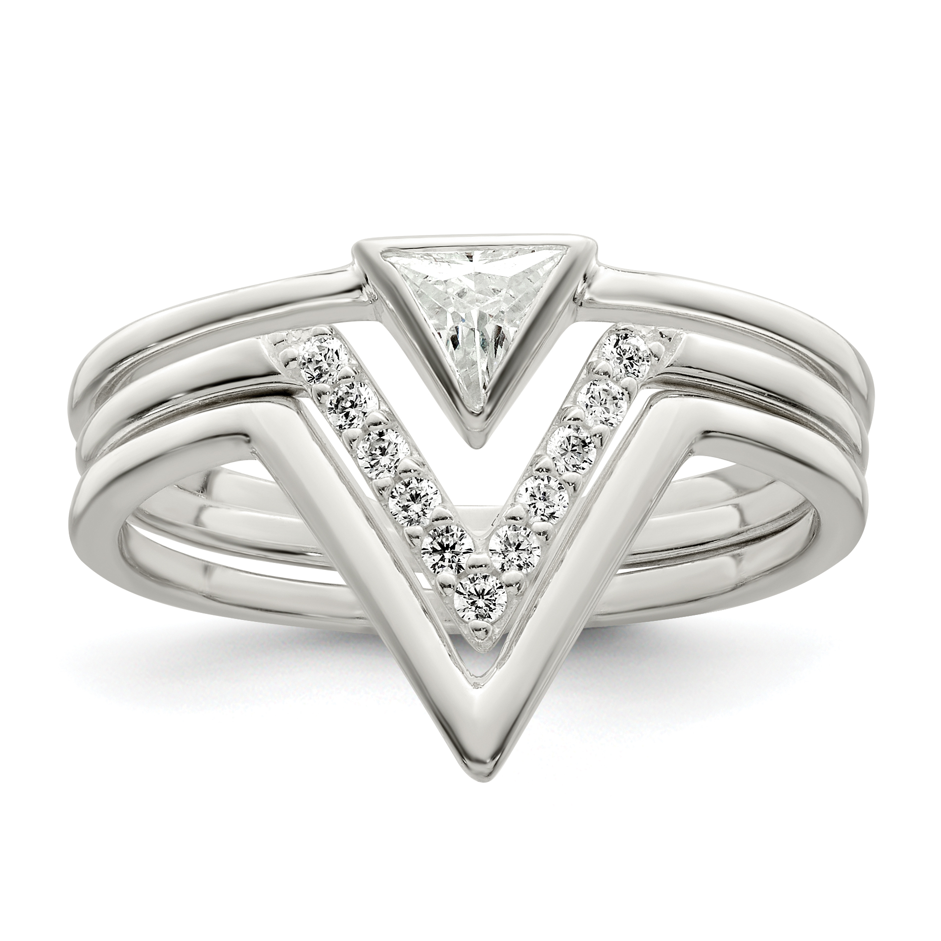 Sterling Silver Polished Triangle CZ 3 Ring Set (QR7290-6)