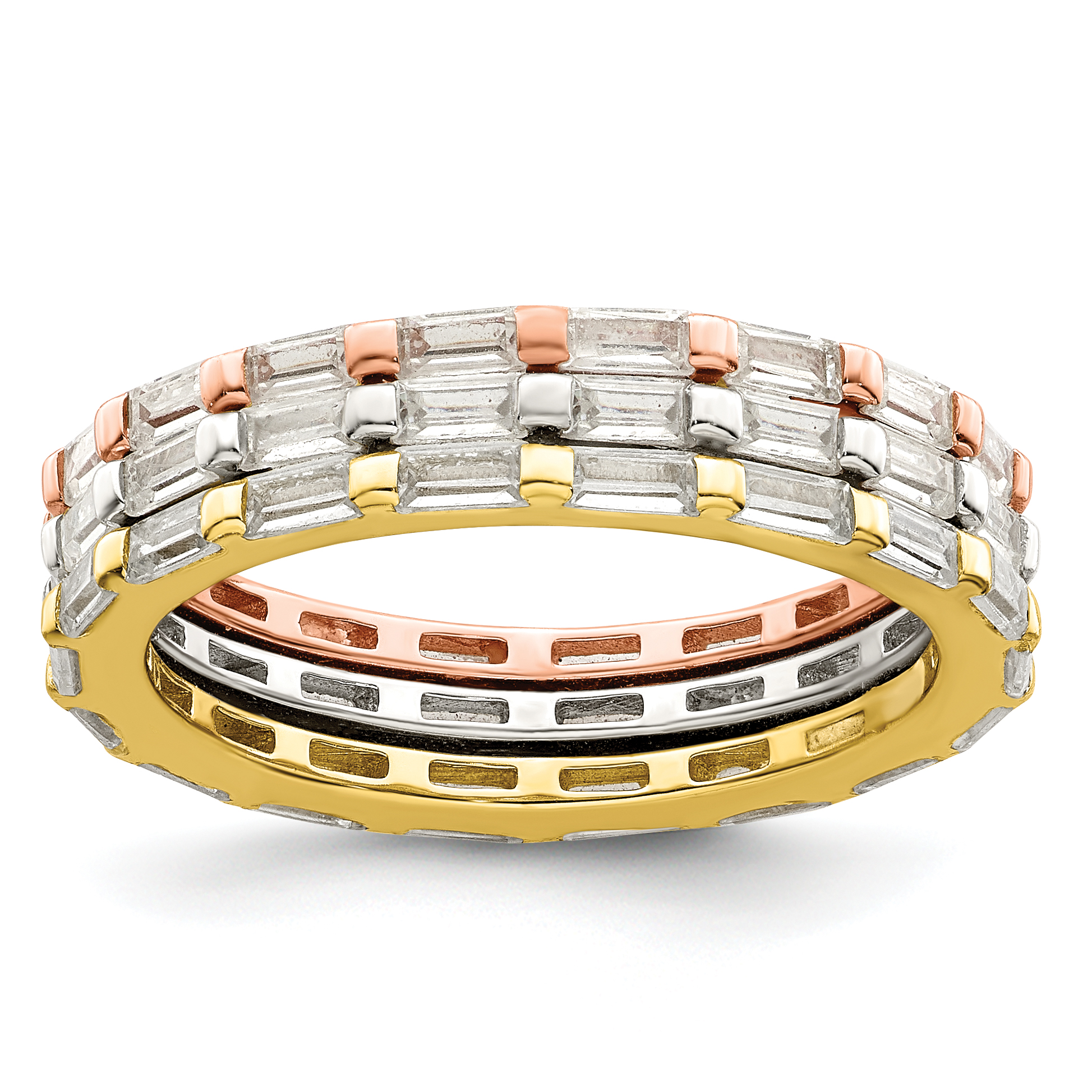 Sterling Silver Rose & Gold-tone Baguette CZ Eternity 3 Band Set (QR7292-6)