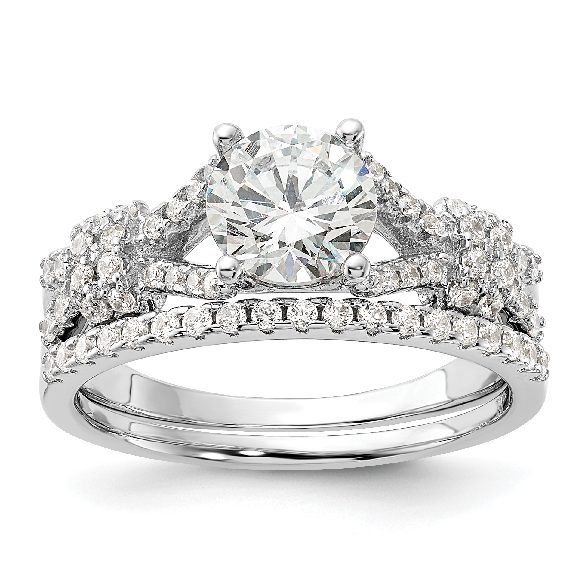 Sterling Silver Rhodium-plated Polished CZ Engagement and Band Set (QR7297-6)