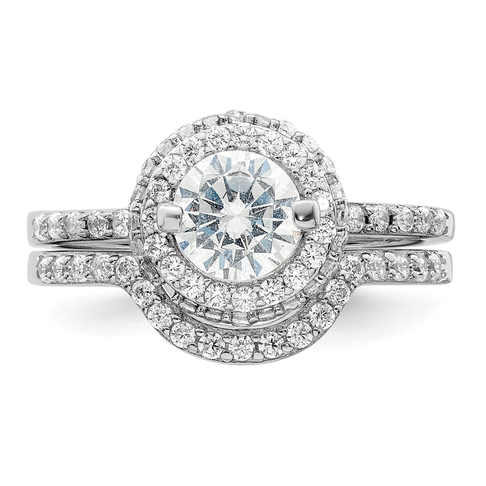 Sterling Silver Rhodium-plated CZ Halo Engagement Ring & Band Set (QR7299-6)