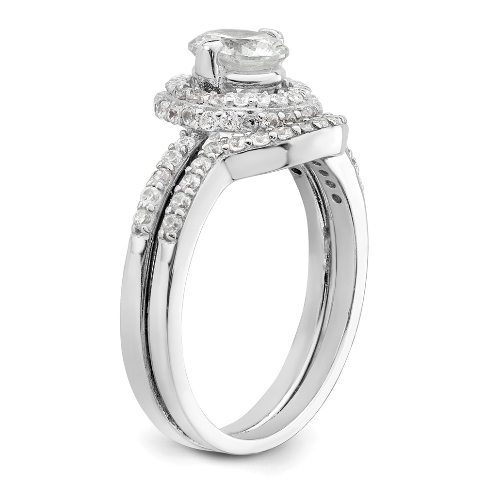 Sterling Silver Rhodium-plated CZ Halo Engagement Ring & Band Set (QR7299-6)