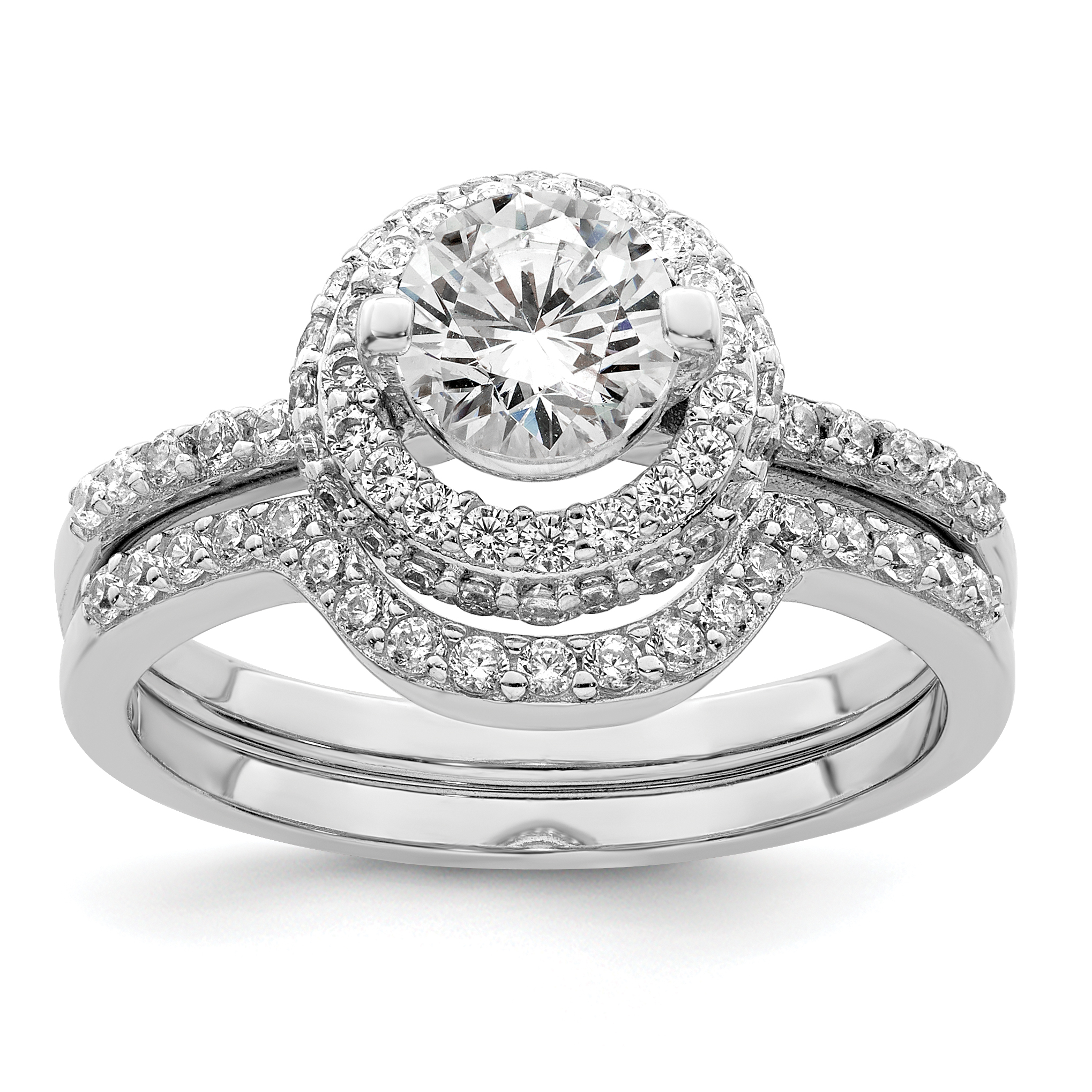 Sterling Silver Rhodium-plated CZ Halo Engagement Ring & Band Set (QR7299-6)